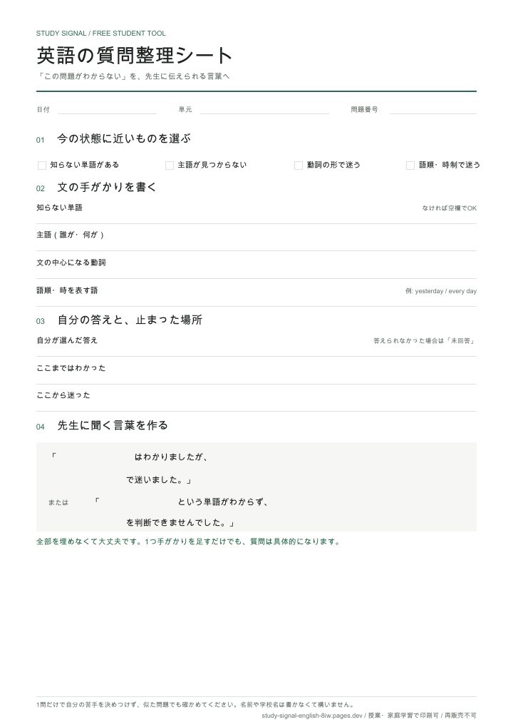 英語の質問整理シート1ページ目のプレビュー