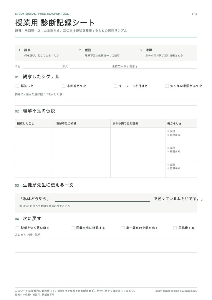 授業用診断記録シート1ページ目のプレビュー